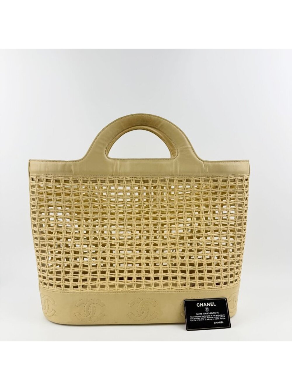 Chanel CC Logo Handbag Leather Mesh Beige Vintage